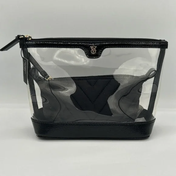 Victoria's Secret Black Clear 2-in-1 Makeup Bag Set Quilted Pouch Gold Logo NWT