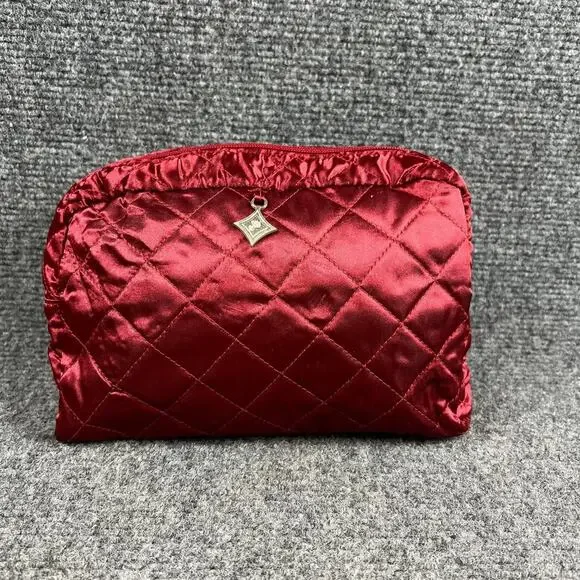 Lancome Quilted Cosmetic Makeup Bag Red Satin Zipper New