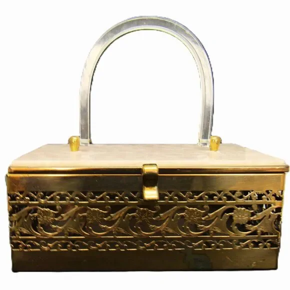 Lucite pearl purse box brass filigree trim with Mirror handbag 1950 mid century