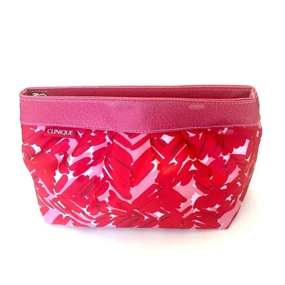 CLINIQUE Makeup Bag Women Nylon Cosmetic Travel Case Zip Pouch Dome, Pink/Red