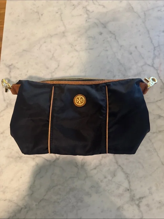 Tory Burch black Nylon Cosmetic Pouch with Tan Trim