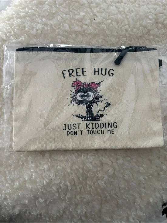 Canvas Pouch with 'Free Hug' Cartoon Print - Cream & Black