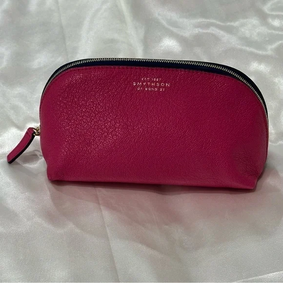 Smythson Of Bond St Cosmetic Case Panama Leather Fuschia Pink Gold Travel Chic