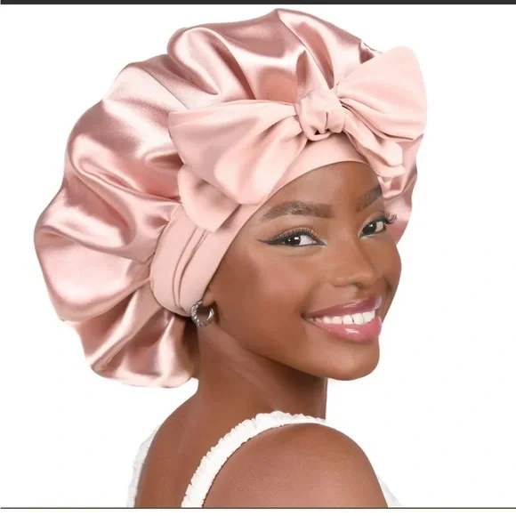 Yanibest Brand Tie‎ Band Double Layer Butter Satin Bonnet Pink One Size