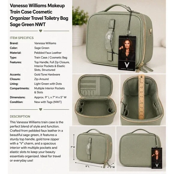 Vanessa Williams Sage Green Makeup Train Case Cosmetic Organizer Travel Bag NWT