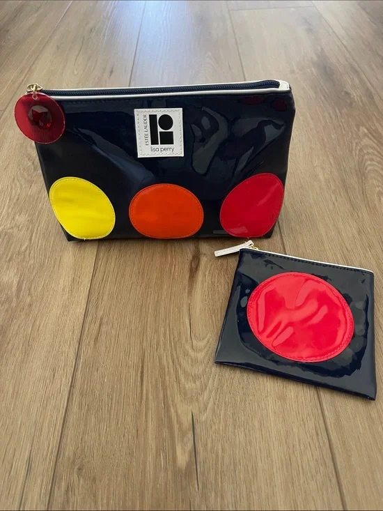 Estee Lauder Navy Blue Patent Cosmetic Bag with Yellow, Orange, Red Accents