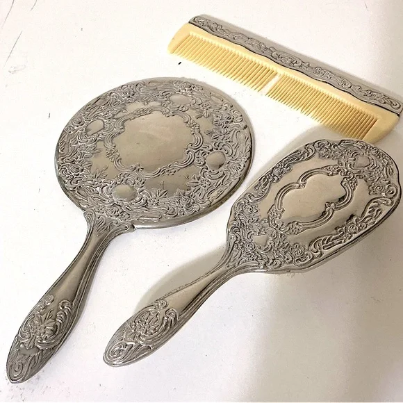 3 Pc Silver Plated Vanity Set, Dresser Mirror, Brush, Comb Set.