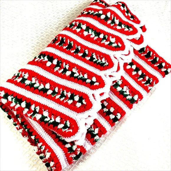 Christmas Hand Crochet Stripe Lap Red White Green Stripes Blanket 50 x 62