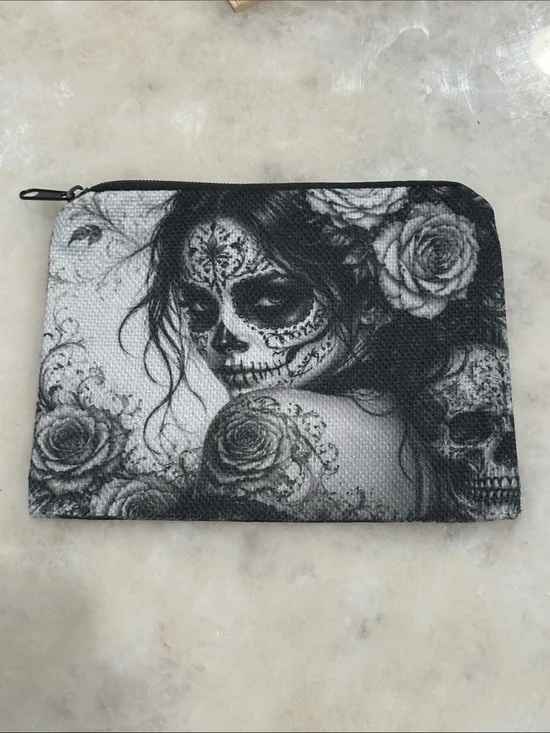 Day of the Dead Black & White Canvas Zip Pouch