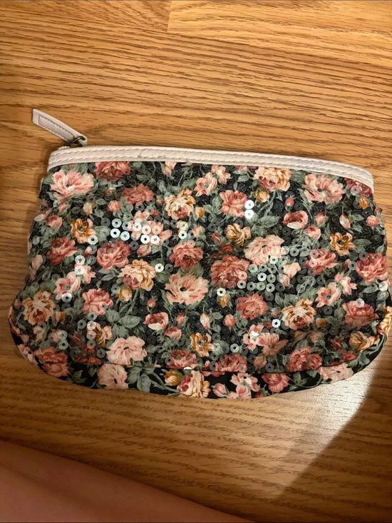 Floral Sequin Zip Pouch - Black & Rose