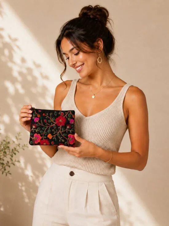 Boho Embroidered Floral Zip Pouch | Black Cosmetic Bag | Artisan Makeup Organize