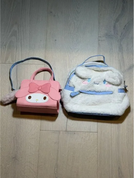 Cute Pink and White Plush Character Crossbody Bags Set
