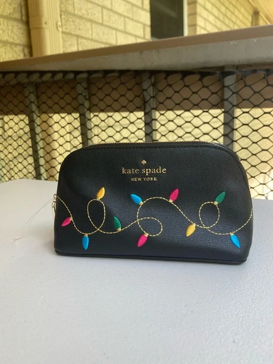 Kate Spade Holiday Christmas String Lights Makeup Cosmetics Bag Black Leather