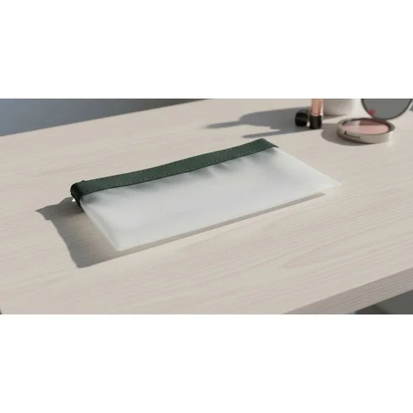 Slim Frosted Translucent Makeup Brush Pouch Dark Green Trim Zippered Travel Bag