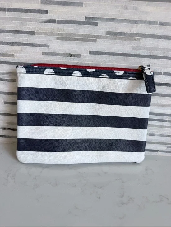 Striped Navy and White Zip Pouch with Red Lining