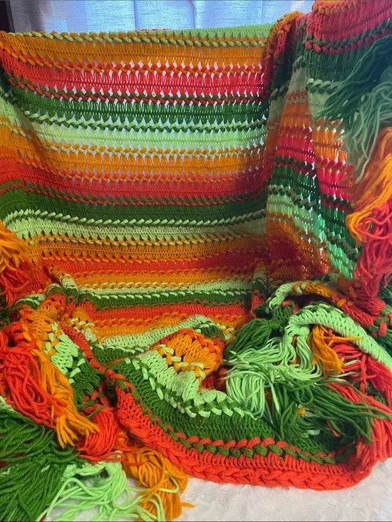 Vibrant Retro Vintage Hand-Crocheted Fringe Throw in Lime, Orange & Green