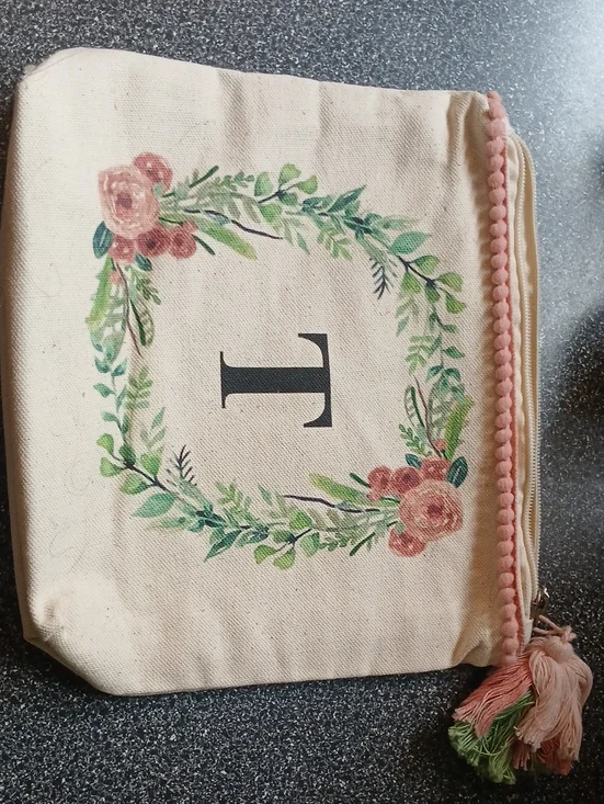 Floral Wreath Monogram Cosmetic Pouch - Letter T