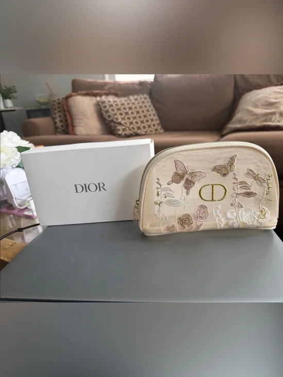 Dior Beige Floral & Butterfly Embroidered Cosmetic Pouch and gift box