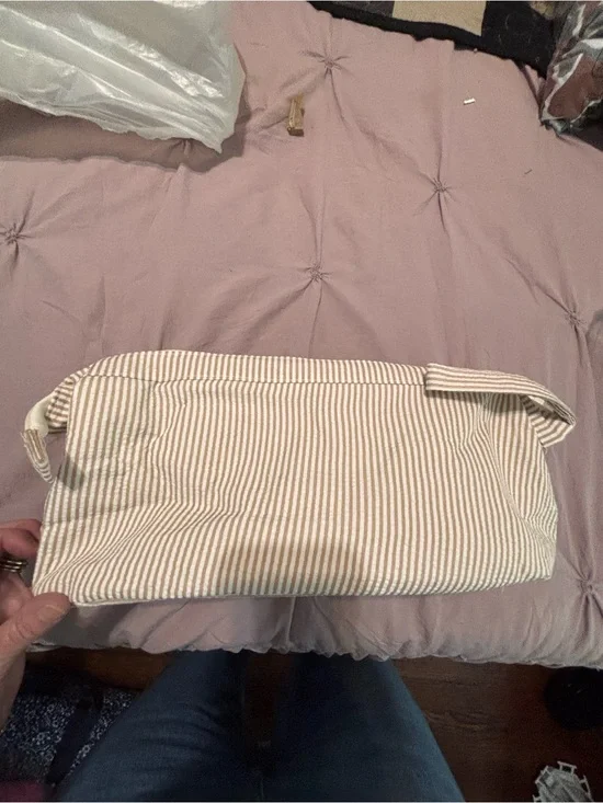Source Unknown Beige and White Striped Cosmetic Bag