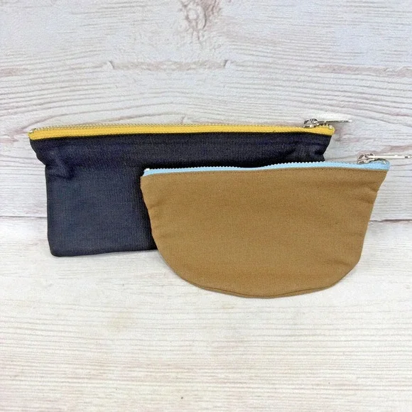 New Elizabeth Suzann Zip Pouch 2-Piece Set Cotton Canvas Black Brown w/Accents