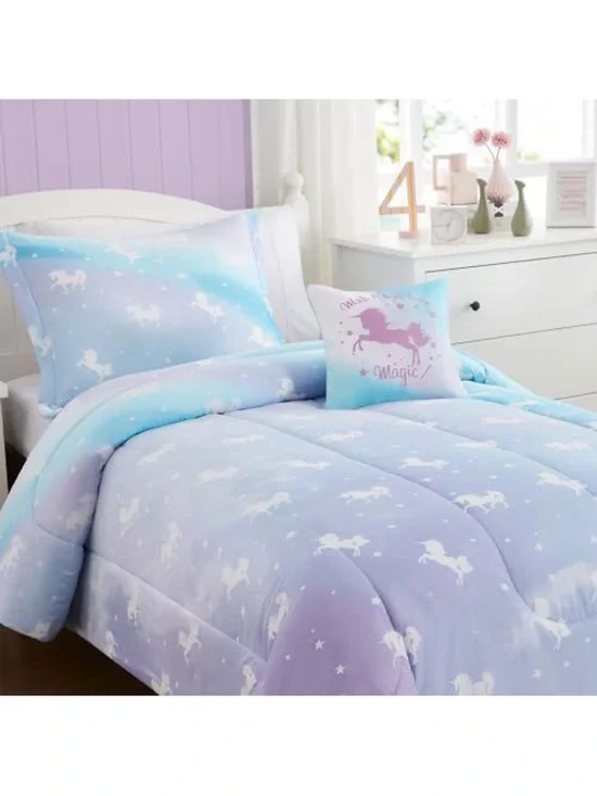 Glow-in-the-Dark Unicorn Twin Comforter Set - Lavender & Light Blue
