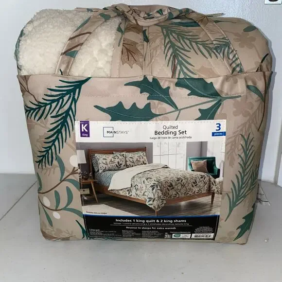 Mainstays King Quilted Bedding Set 3 Pc Fall Leaves Reversible To Sherpa New