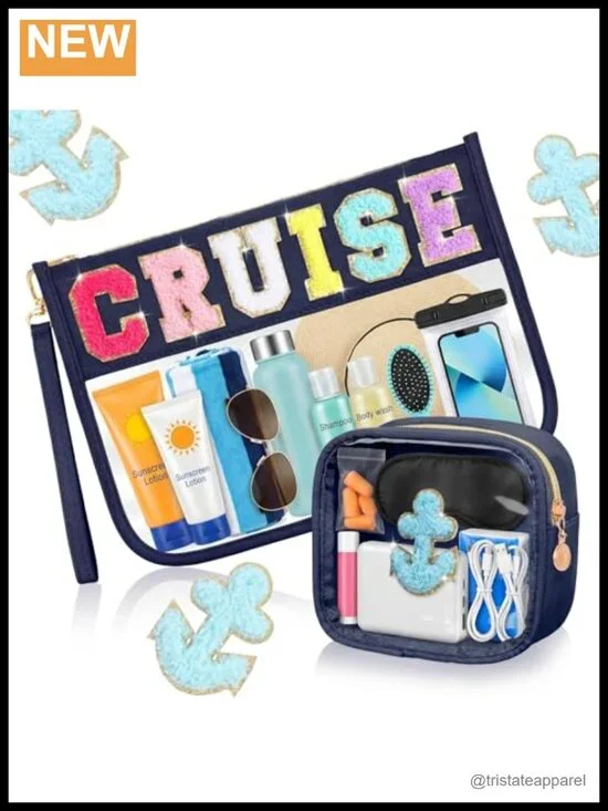 2 Pcs Waterproof PU Cosmetic Bags Travel Pouch Chenille Letter Nautical Anchor