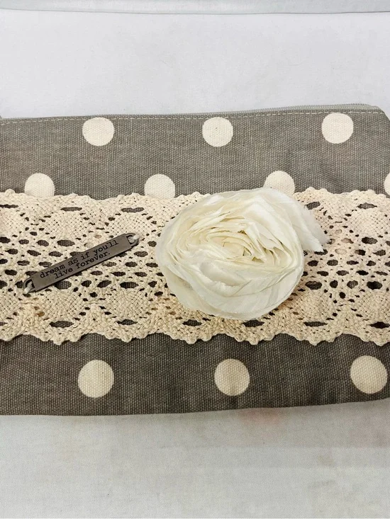 Polka Dot Lace Cosmetic Pouch with Cream Flower Accent‎