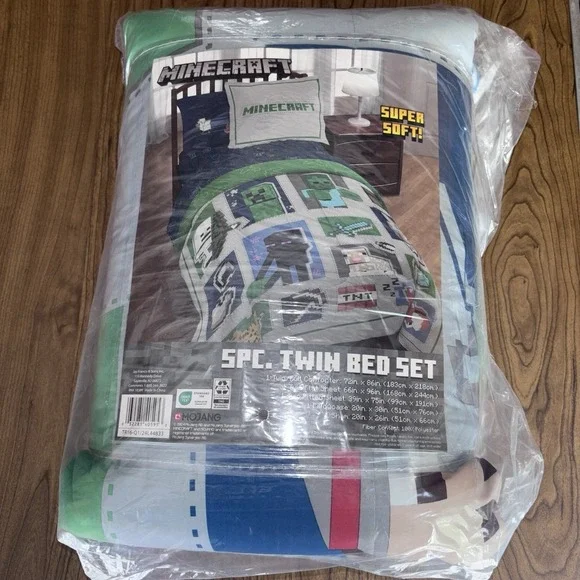 NEW 5 Piece Minecraft Twin Comforter Sham Pillowcase Fitted Sheet Super Soft