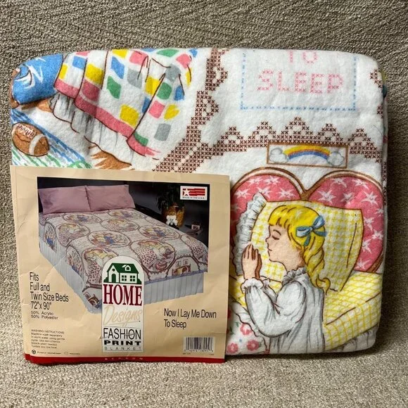 Vtg.Home Designs Blanket Now I Lay Me Down To Sleep Fits Full 72x90