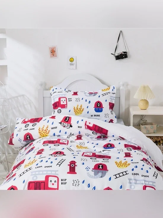 Kids White Firetruck Bedding Set - Playful Firefighter Print