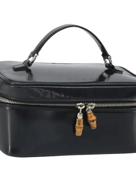 GUCCI Vanity Hand Bag Patent leather Black Silver 032 1956 0150 Auth 170292