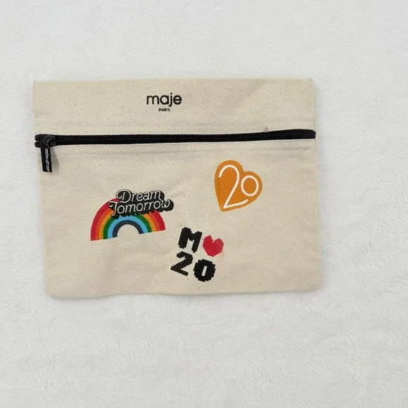 Maje Paris Canvas Zip Pouch - Embroidered Patches Chic French Designer Accessory
