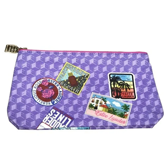 New ESTEE LAUDER Printed Travel Cosmetic Makeup Bag  2 Sided  W/Pink Luggage Tag