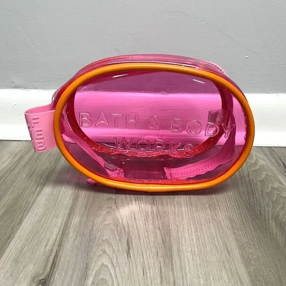 Bath &‎ Body Works Transparent Pink & Orange Zip Around Cosmetic Makeup Bag