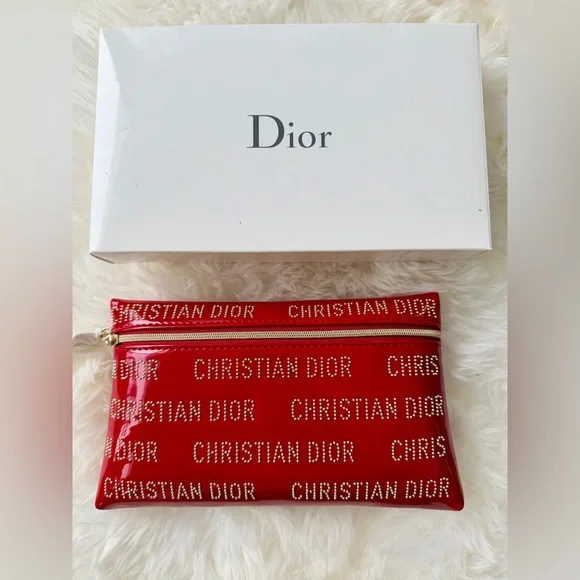 Dior Vintage Patent Gold Studded Red Pouch. Zipper pull sealed in tissue NIB