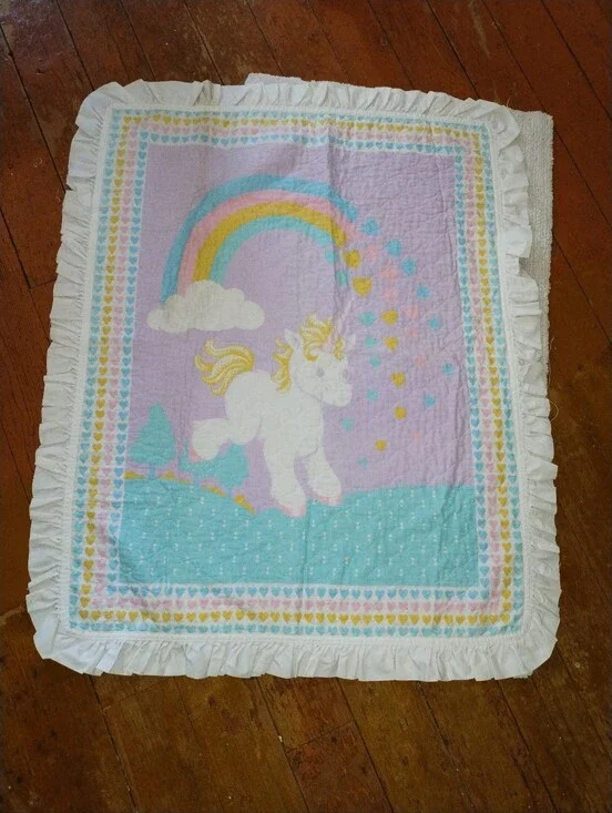 Vintage 1980s Unicorn Rainbow Hearts Baby Blanket Comforter 47