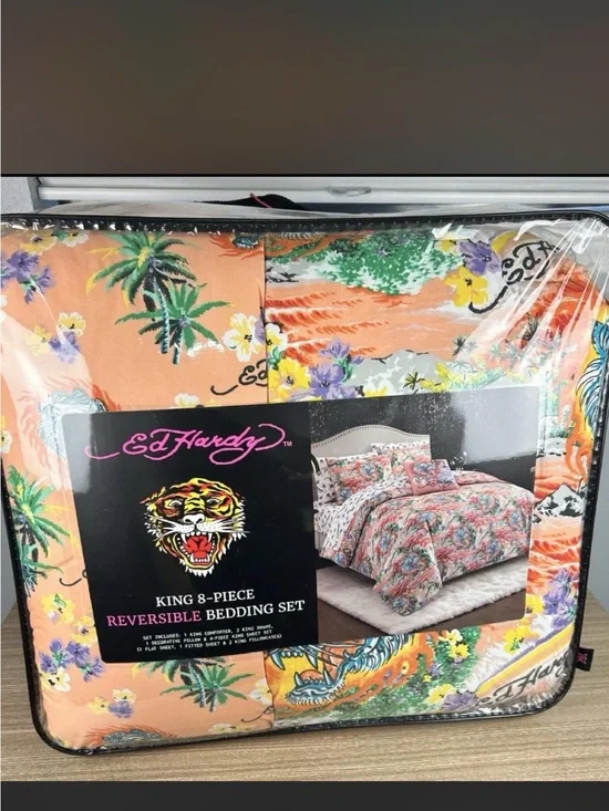 Ed Hardy Peach Floral Reversible Comforter Set