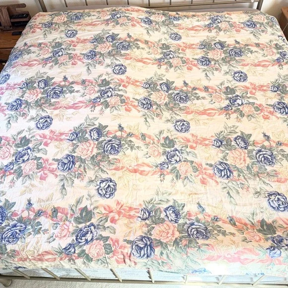 Vtg Royalty Collection Cottagecore Blue Rose Floral Comforter Pink Ribbon Full/Q