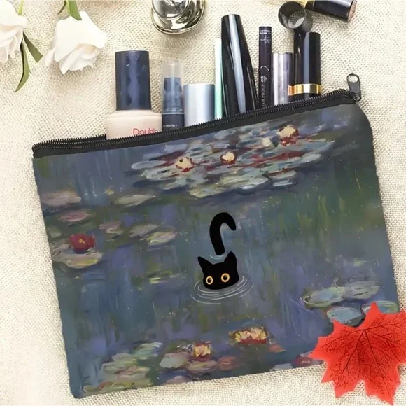 Travel Makeup Bag Black Cat Monet Water Lilly Cosmetic Bags Art‎ NWT