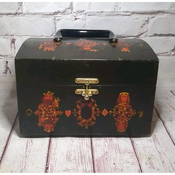 VTG 1960s 1970s Wooden Purse‎ Decoupage Face Cards Box Plastic  Handle