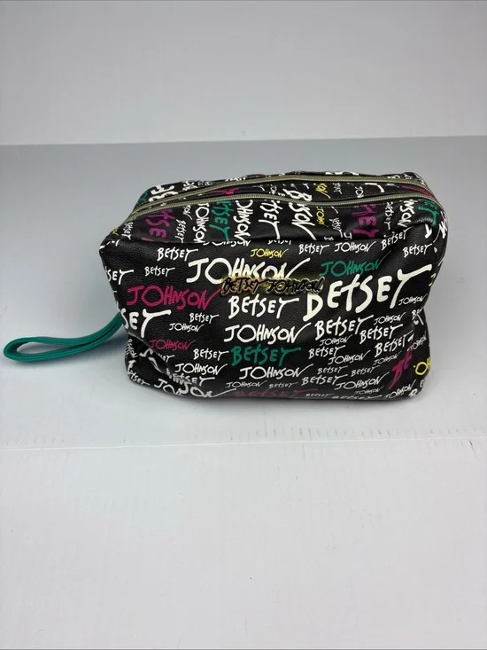 Betsey Johnson Cosmetic Pouch Bag Black Colorful Graffiti Logo Large Zipper