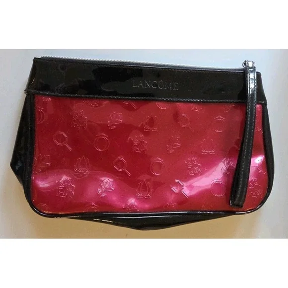 Lancome Engraved Dark‎ Red And Black Colorblock Logo Strap Zip Makeup/Travel Bag