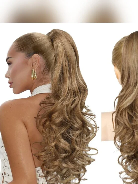 REECHO 24” Curly Ponytail Extension Claw Clip Light Brown Highlights‎