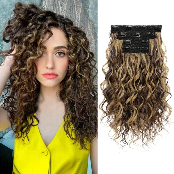 Curly Hair Extensions,‎ 4PCS 16 inch Clip in Hair Extensions Lace Weft Short