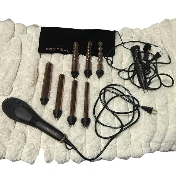 FoxyBae 7-in-1 Rose Gold Curling Wand & straightening brush lot -tested works!!