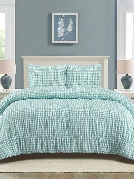Sea Foam Green Gingham Ruched TWIN / TWIN XL Comforter Set ~ Cottage Charm