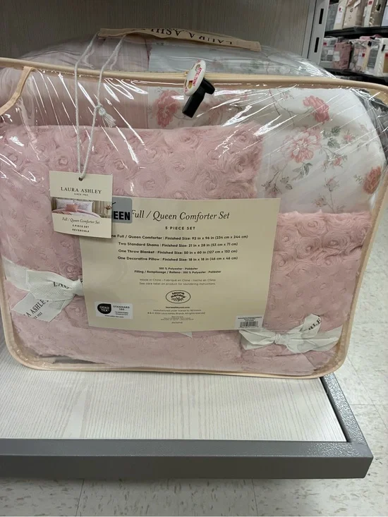 Laura Ashley Blush Pink Floral & Rosette Full/Queen FIVE PIECE Comforter Set