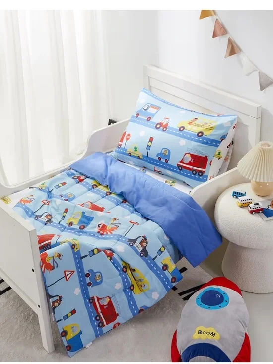 4-Piece Toddler Bedding Set Cars bus  Roads Blue Stop Sign Police