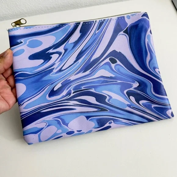 Paper Source‎ Blue Purple Marble Swirl Zipper Pouch PU Leather Makeup Travel Bag